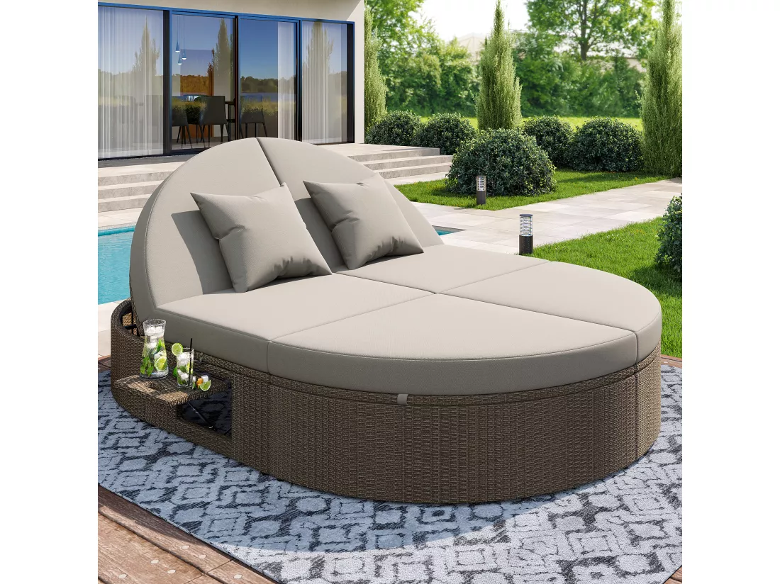Chaise longue double en rotin avec tablette latérale, table pliante pour 2 personnes, angles réglables individuellement