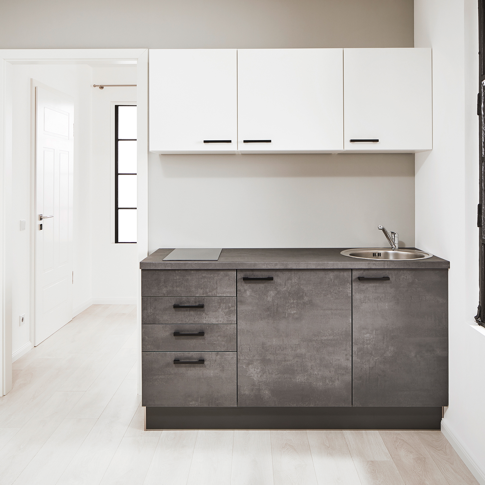 Single-Miniküche - Beton-graphitgrau-weiß - mit E-Geräten - 160 cm