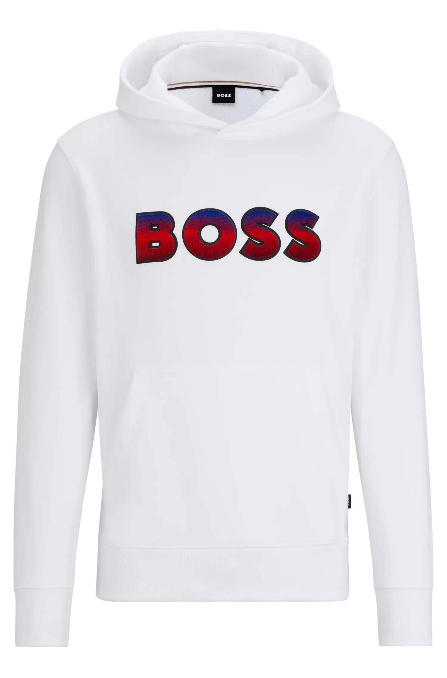 Moletom BOSS preto em algodão felpudo com modelagem regular e logo degradê.