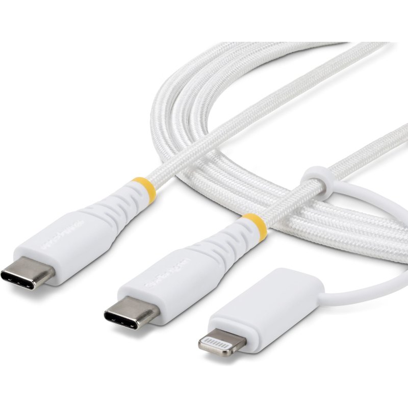 StarTech.com Câble de Recharge USB-C Robuste 2 en 1 de 1m avec Adaptateur Lightning, 30W/60W (3A), Certifié Apple MFi, Câble de Recharge USB-C Tressé pour iPhone/iPad/Android