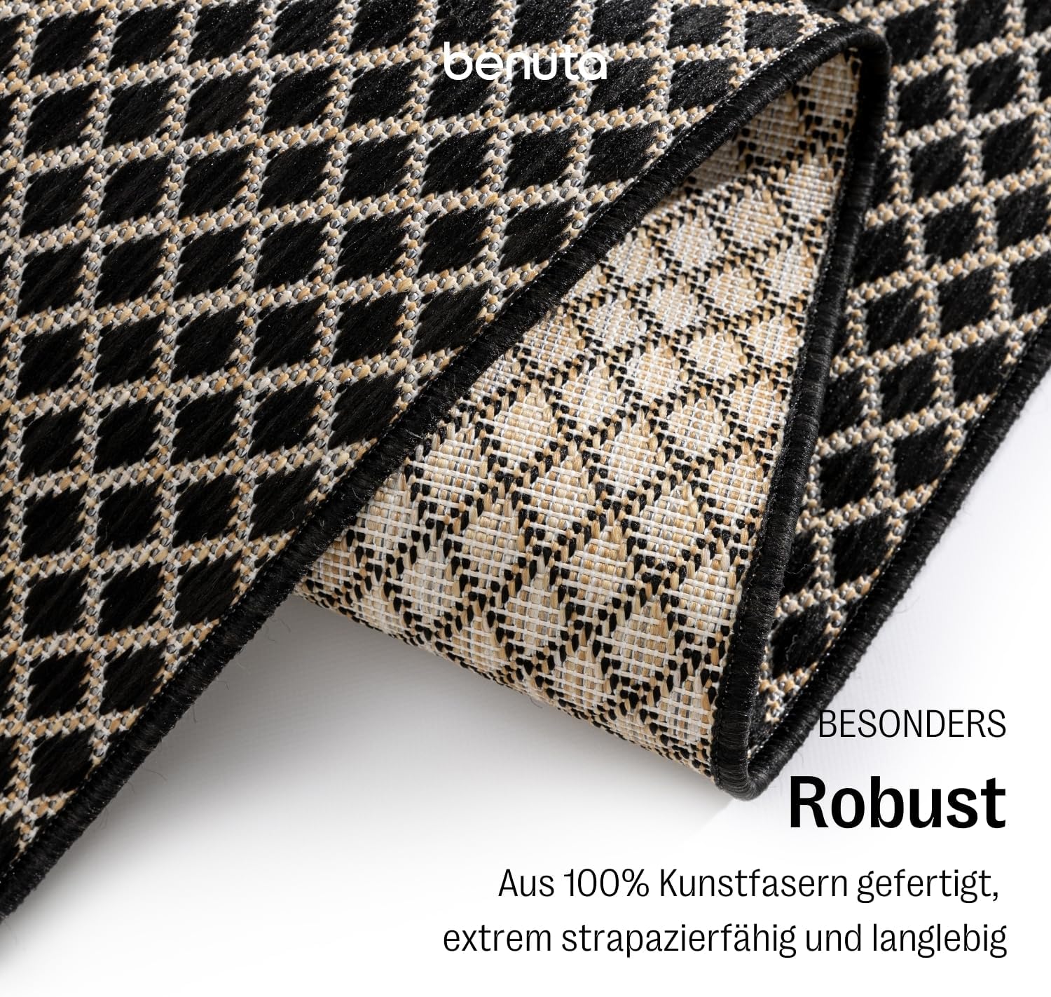 benuta Basic In- & Outdoor Teppich Lou - Schwarz 140x200 cm - Wetterfest & UV-beständig - Multifunktional für Balkon, Terrasse, Garten - Küchenteppich & Wohnzimmerteppich - Pflegeleicht Robust