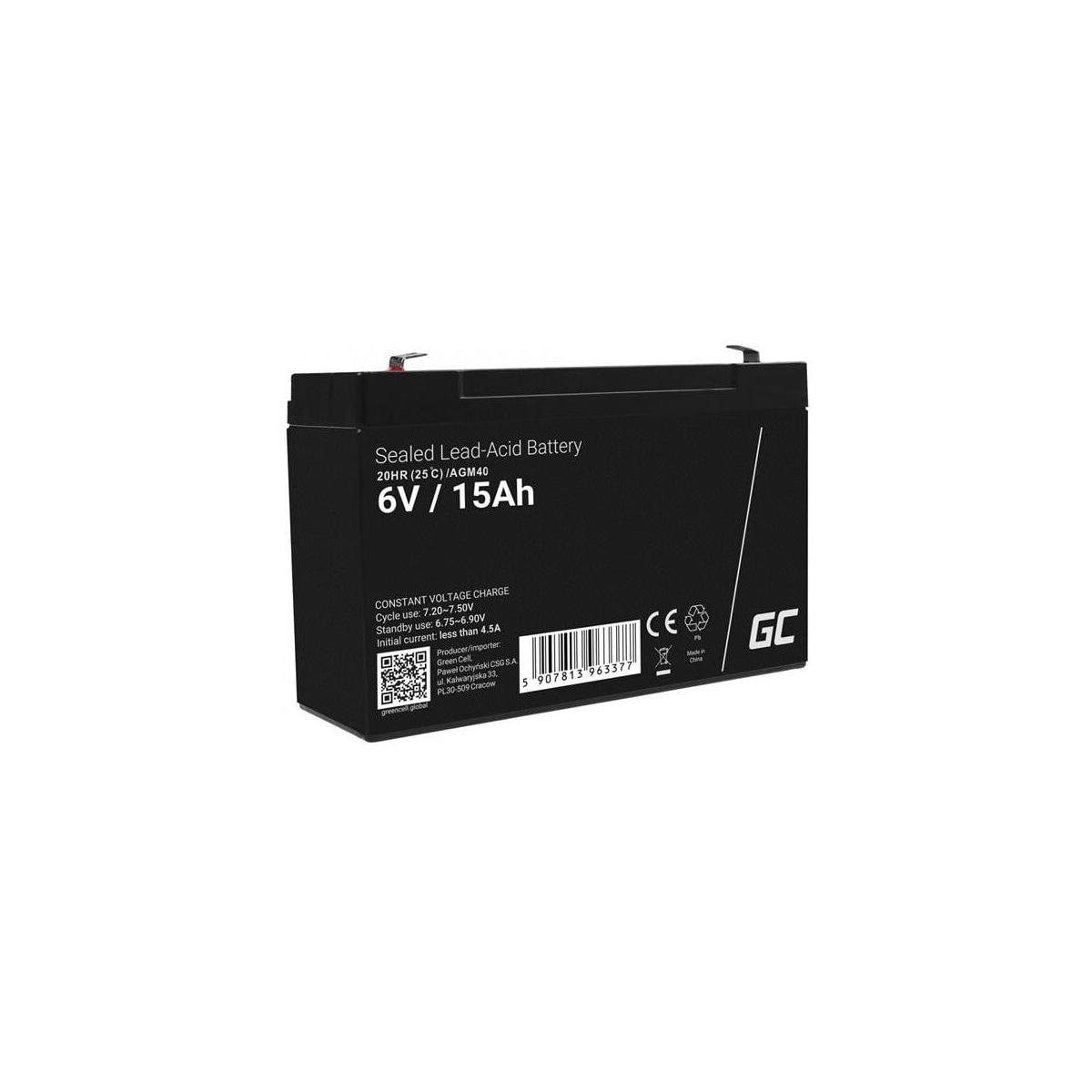 Green Cell AGM VRLA Batteri 6V 15Ah