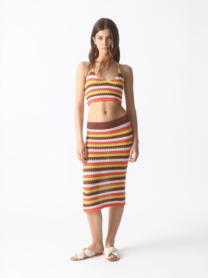 Top cropped de tricô - Branco/laranja