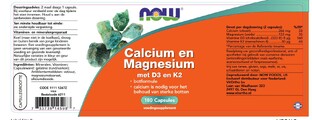 NOW Calcium en Magnesium met D3 en K2 Capsules 180CP