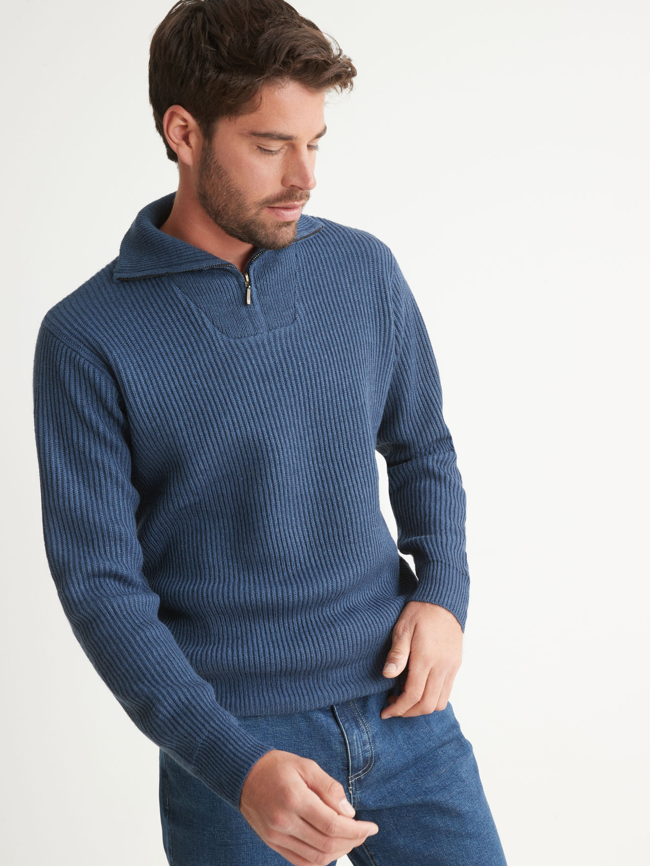 Pull côtes anglaises col montant zippé