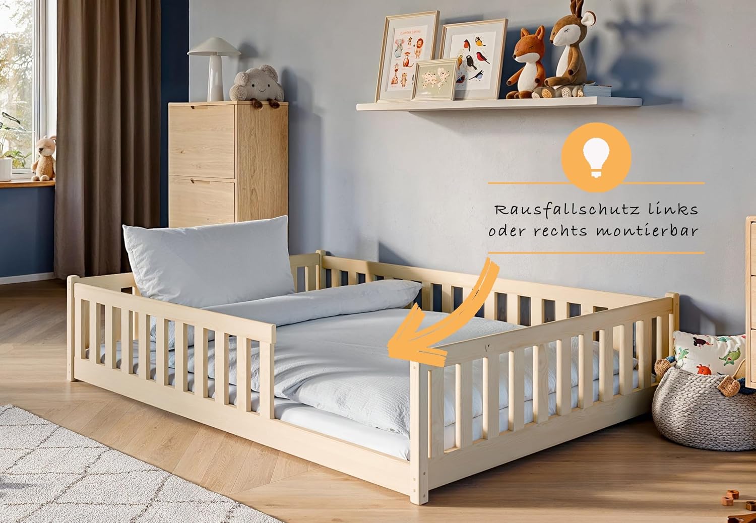 Kids Collective Kinderbett Bodenbett 140x200 cm Bett mit Rausfallschutz & Lattenrost Montessori Bett Bed Gitterbett Kinder Jugendbett Einzelbett | Natur
