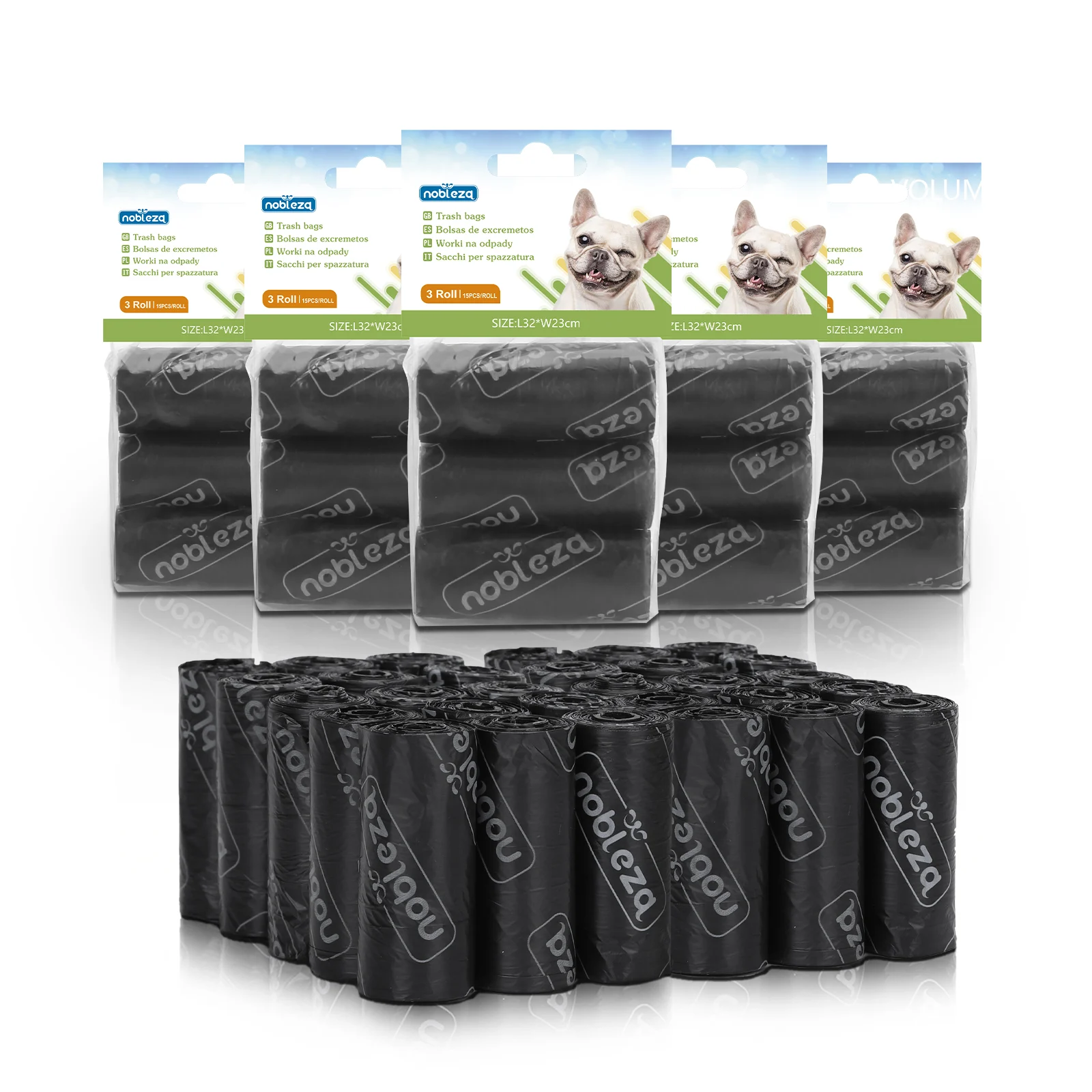 Sacos para Fezes de Cachorro Nobleza, 1080 Unidades, Extra Grossos, Resistentes e à Prova de Vazamentos. 3 Rolos por Pacote, 72 Rolos, Preto