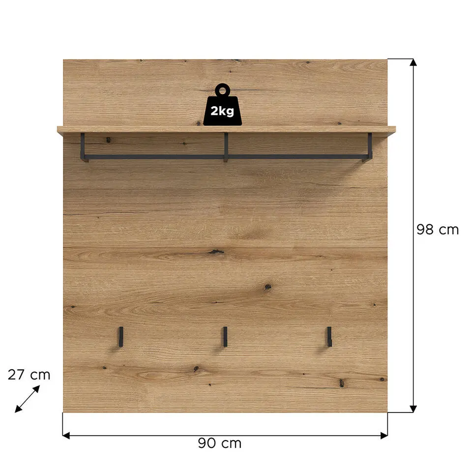 Hioshop Scout kapstok 3 haken 1 kledingstang 1 plank eik decor