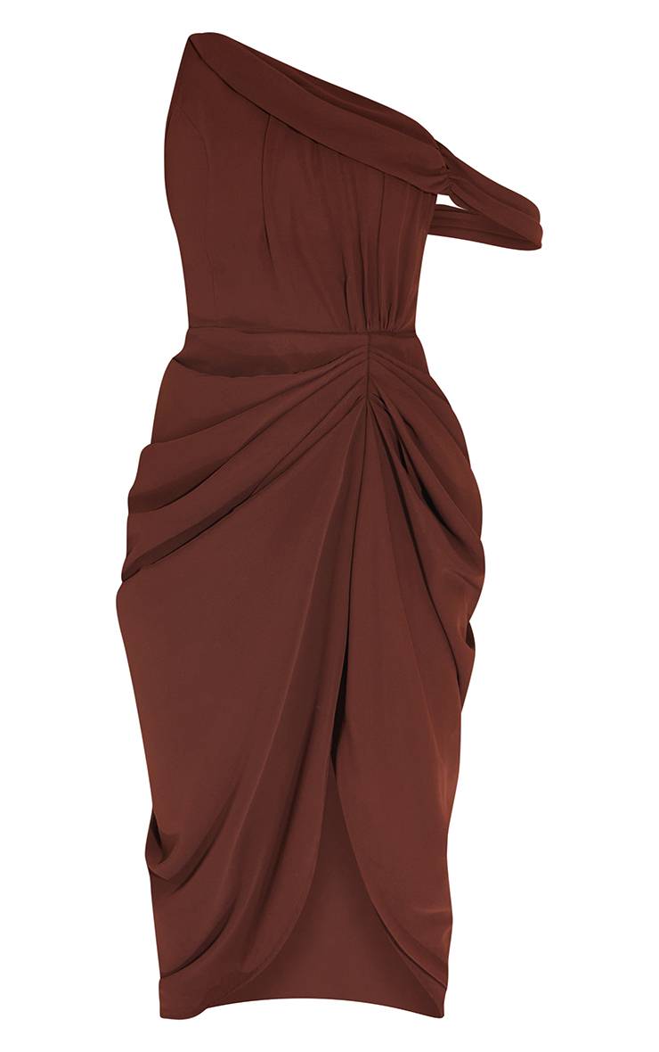 Chocolat Robe Midi Drapée En Mousseline À Bretelle Asymétrique