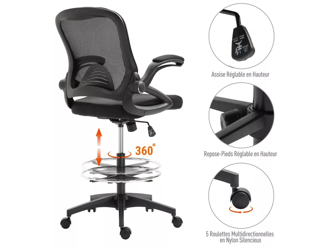 Fauteuil de bureau chaise de bureau assise haute réglable dim. 64L x 60l x 106-126H cm pivotant 360° maille respirante noir