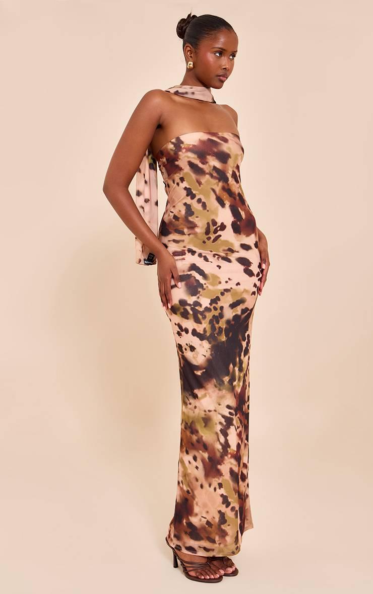 Rose Robe Maxi Bandeau Imprimée Avec Détail Foulard