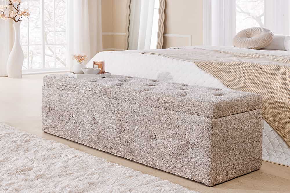 Chesterfield Bettbank EXTRAVAGANCIA 140cm champagner greige Bouclè mit Stauraum