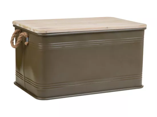 Coffre en métal, couvercle en bois et poignées en corde imprimée verte 60x38x33h cm