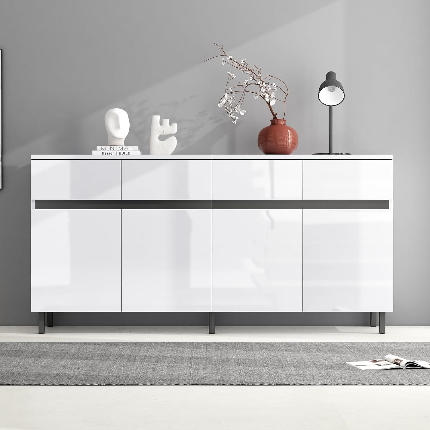 Hochglanz Sideboard Wohnzimmer mit 4 Schubladen und 4 Türen, Buffetschrank mit Höhenverstellbaren Regalböden, 160 x 40 x 68cm, Modern Wohnzimmerschrank für Schlafzimmer, Büros, Flur, Weiß