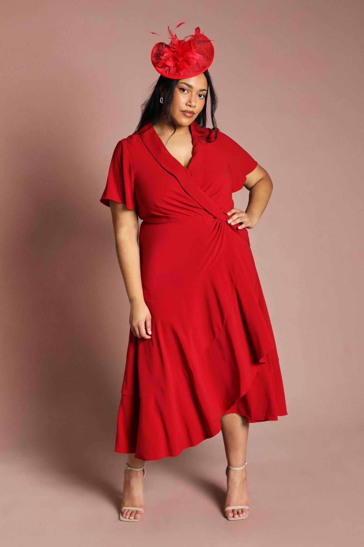 Coast Robe Midi Grande Taille à Col Châle et Ourlet Volantés avec Manches Évasées