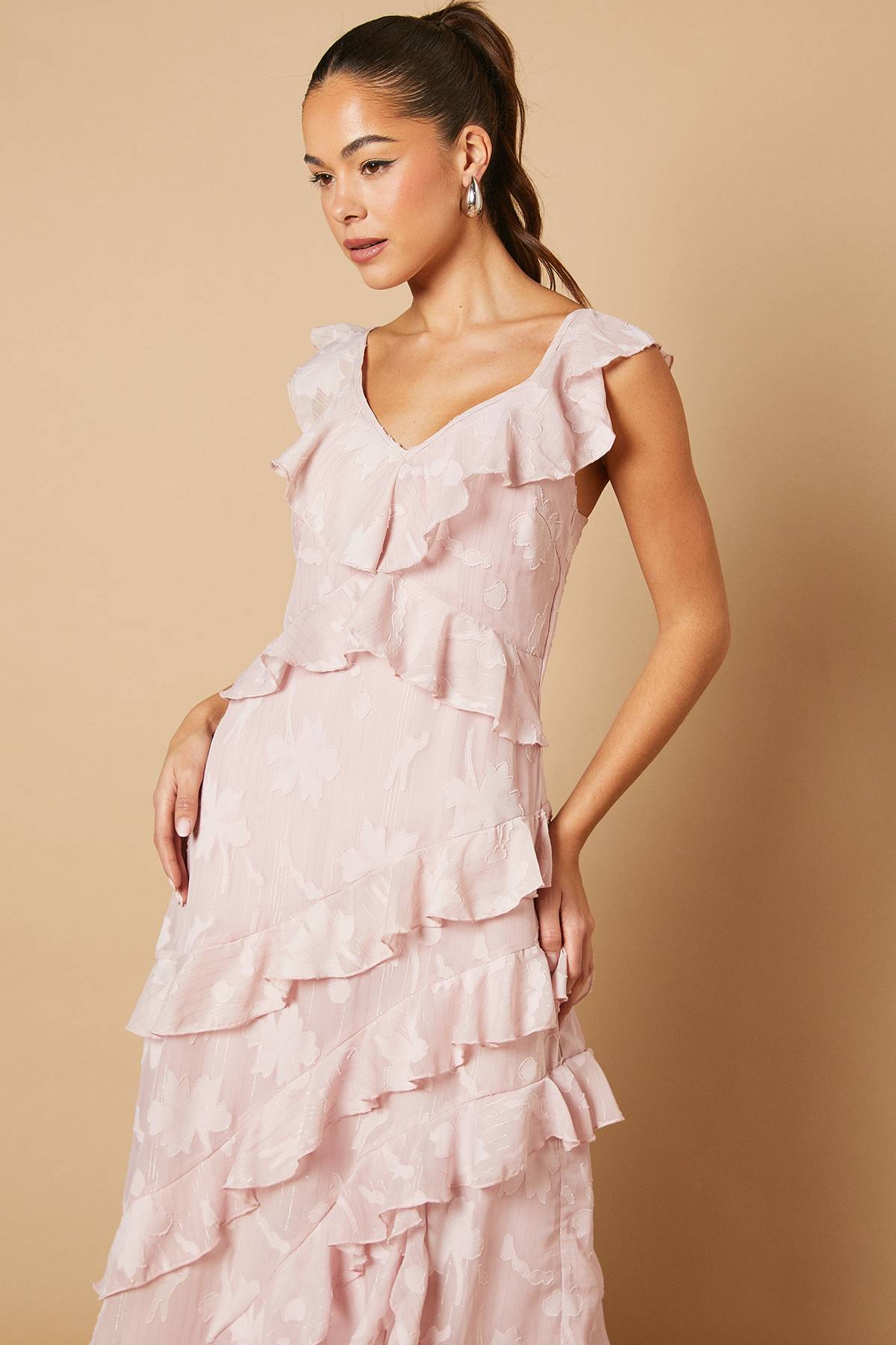 Oasis Robe Maxi à Imprimé Jacquard et Volants