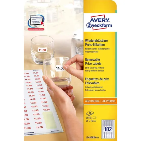 Avery Zweckform L3410REV-25 Preis-Etiketten,A4 26 x 16 mm, 25 Bogen/2.550 Etiketten, weiß