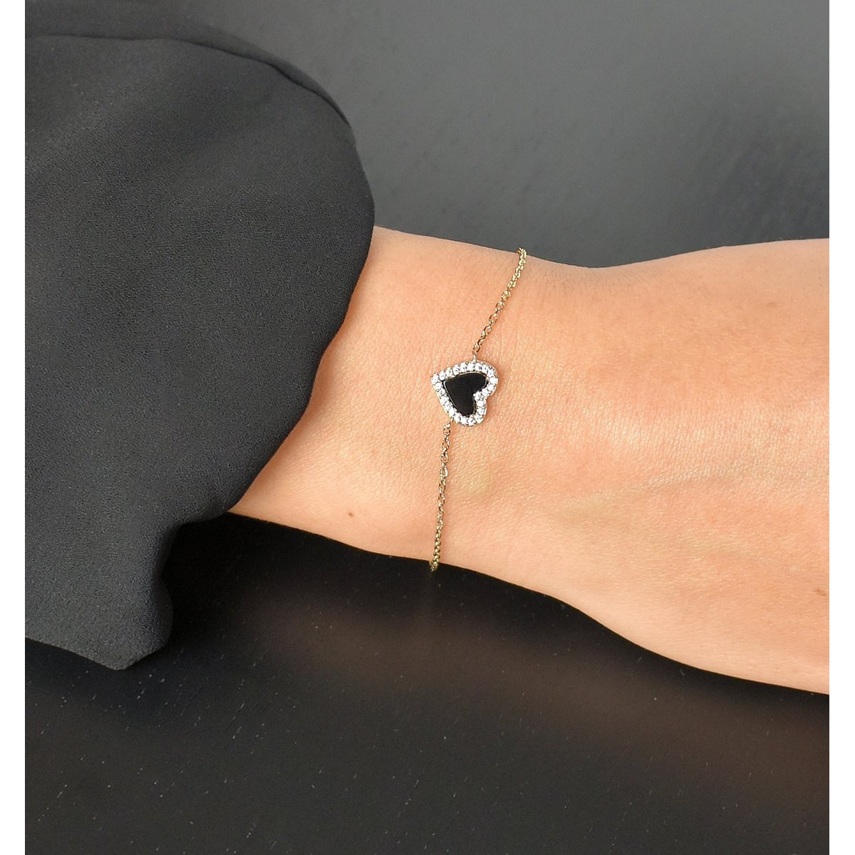 Bracelet coeur d'Agate serti d'oxydes de zirconium Plaqué OR 750 3 microns