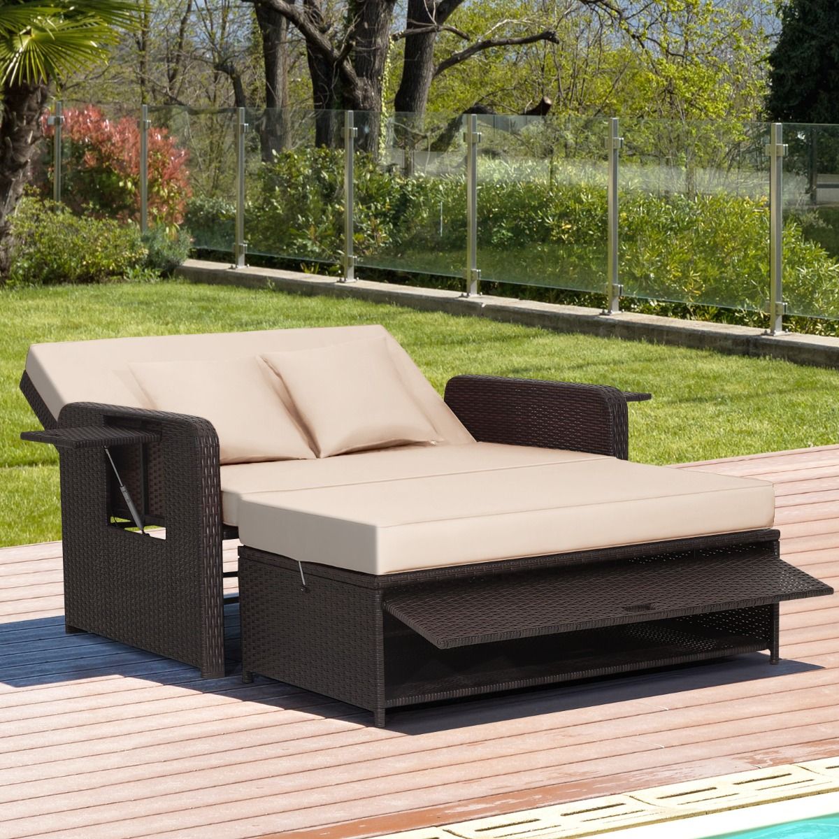 Salon de Jardin Extérieur Ajustable à Lit, 2 Place avec Stockage Caché, Dossier Réglable à 4 Niveaux en Rotin PE - Lidl-Manfred