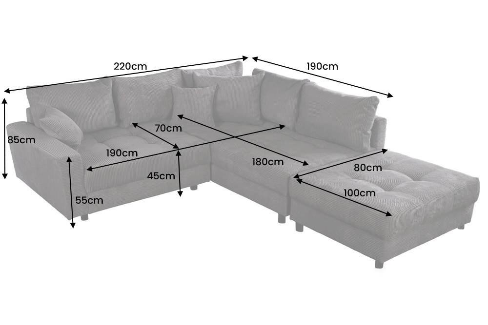 Modernes Ecksofa KENT 220cm grün Cord inkl. Hocker Federkern L-Form Wohnlandschaft