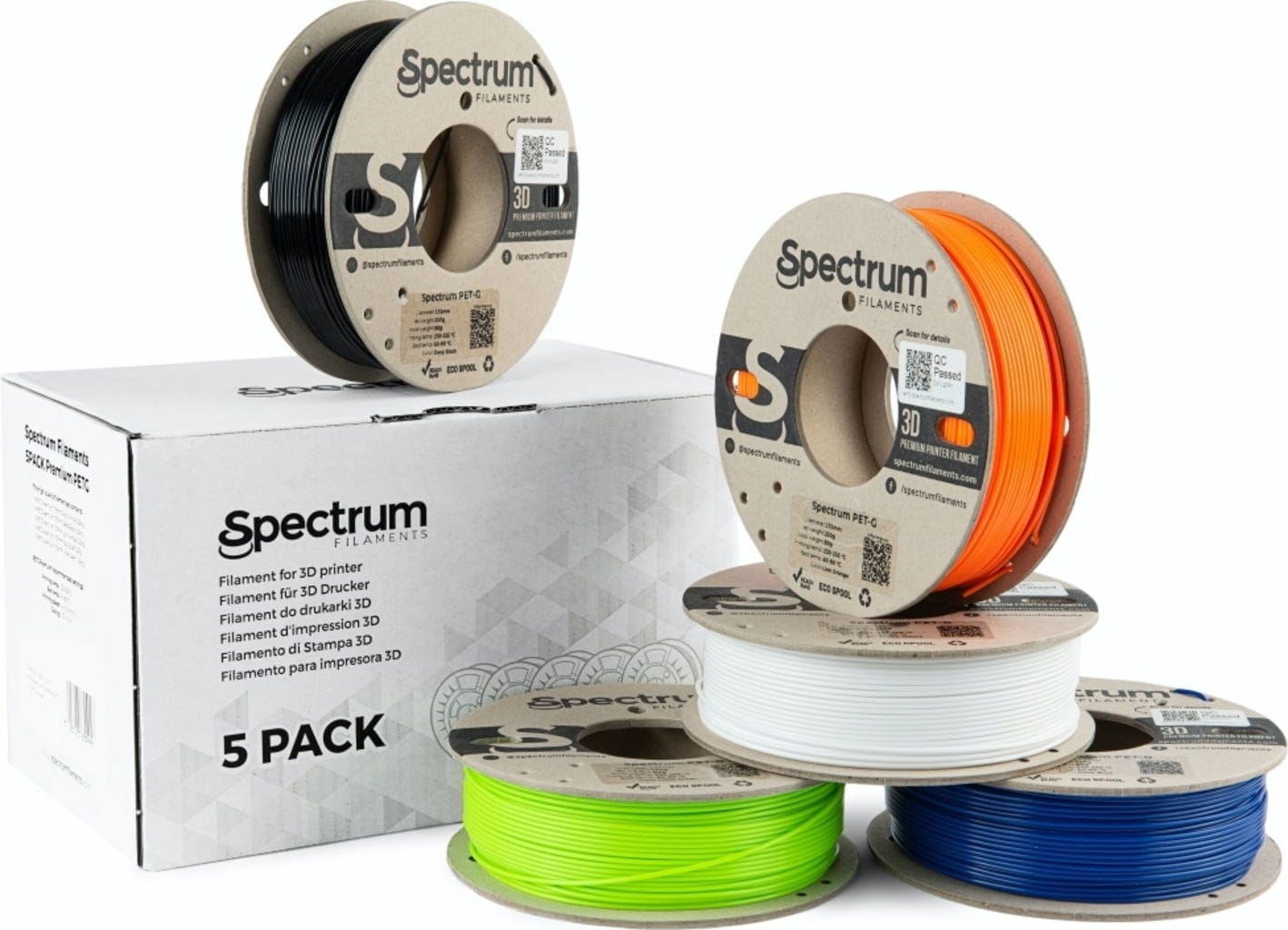 Spectrum  5er-Set PET-G Premium, 1,75 mm (1.250 g)    Filamente auf ökologischen Pappspulen