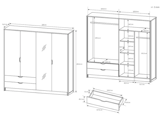 Armoire 4 portes et 2 tiroirs - Avec miroir - L220 cm - Coloris : Naturel et anthracite - LAONILE