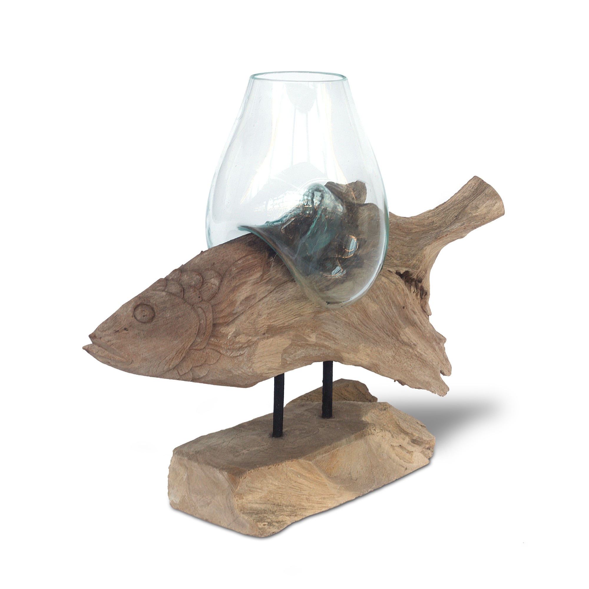 Glasvase aus Wurzelholz 'Fisch', auf Sockel, B 42 - 59 cm, H 30 - 45 cm, T 20 cm von fischer's lagerhaus