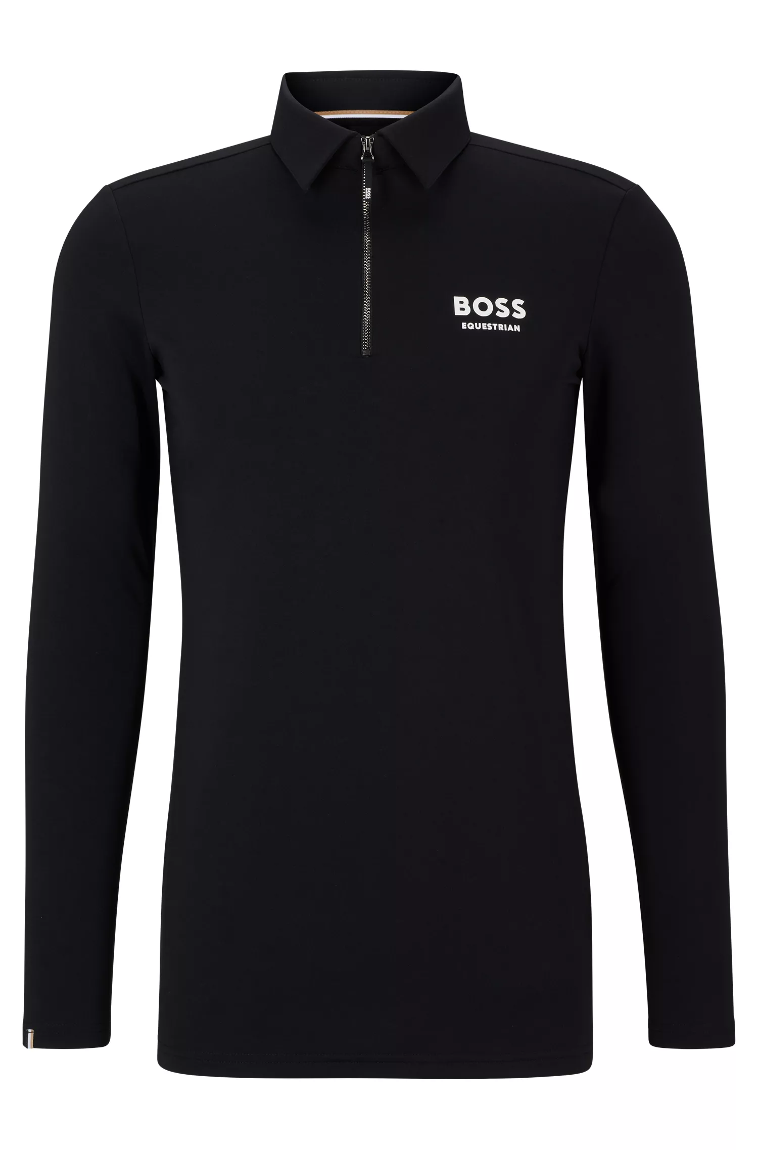 Camisa polo BOSS preta para treinamento equestre em tecido super elástico.