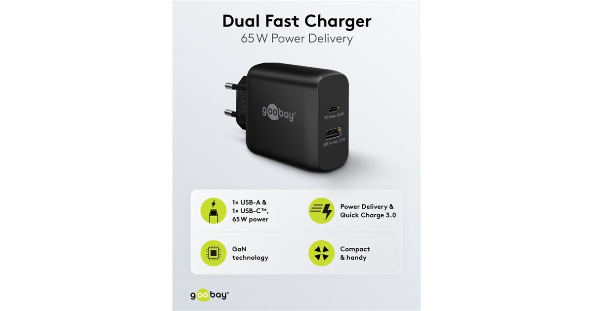 goobayUSB-C PD GaN Dual snellader (65 W)  (Zwart, 1x USB-C, 1x USB-A, Power Delivery)