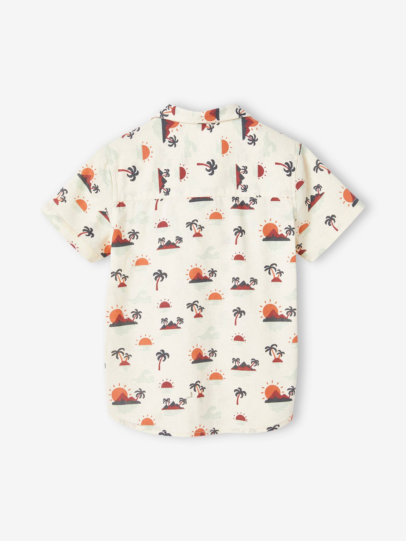 Camisa de manga curta para meninos com estampa de palmeiras e um toque de linho, estampa branca.