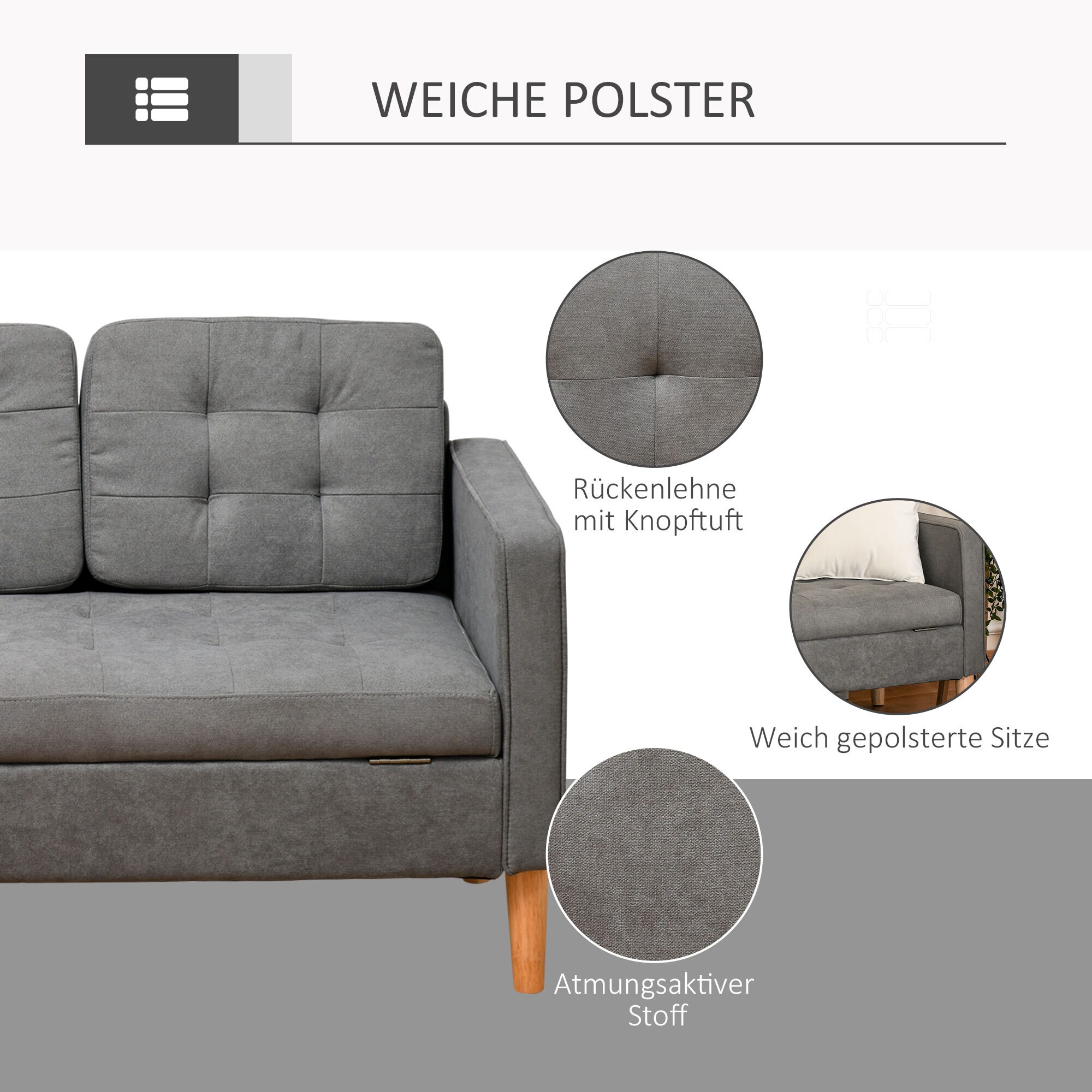 HOMCOM 3-Sitzer-Sofa mit abnehmbaren Kissen grau 166,5 x 62 x 82 cm (BxTxH)