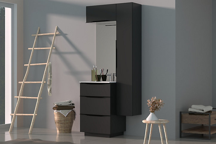 Meuble de rangement salle de bains haut Pamili noir mat 60 cm
