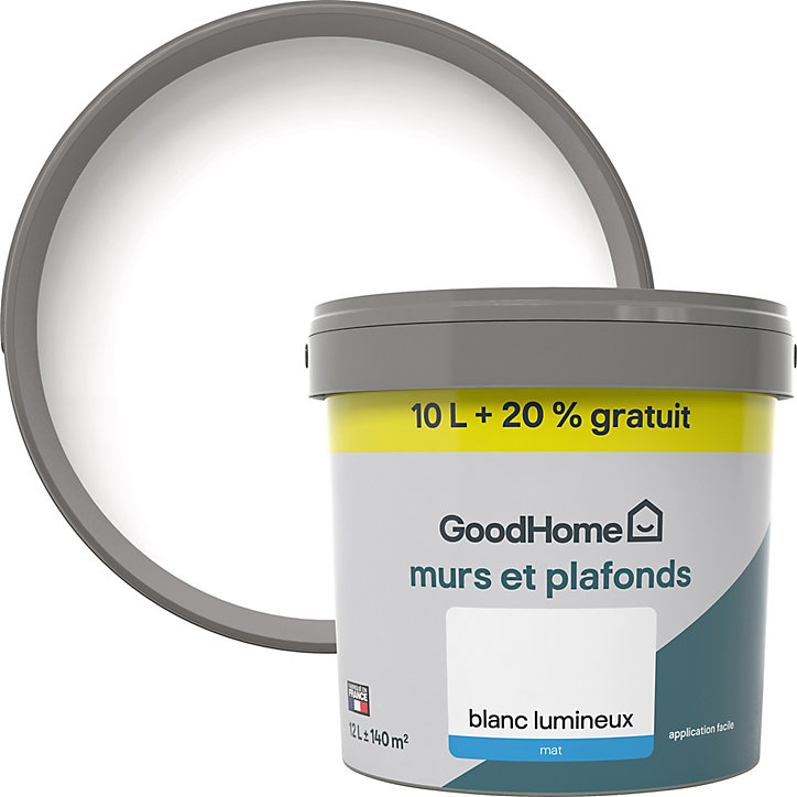 Peinture murs et plafonds GoodHome blanc mat 10L + 2L