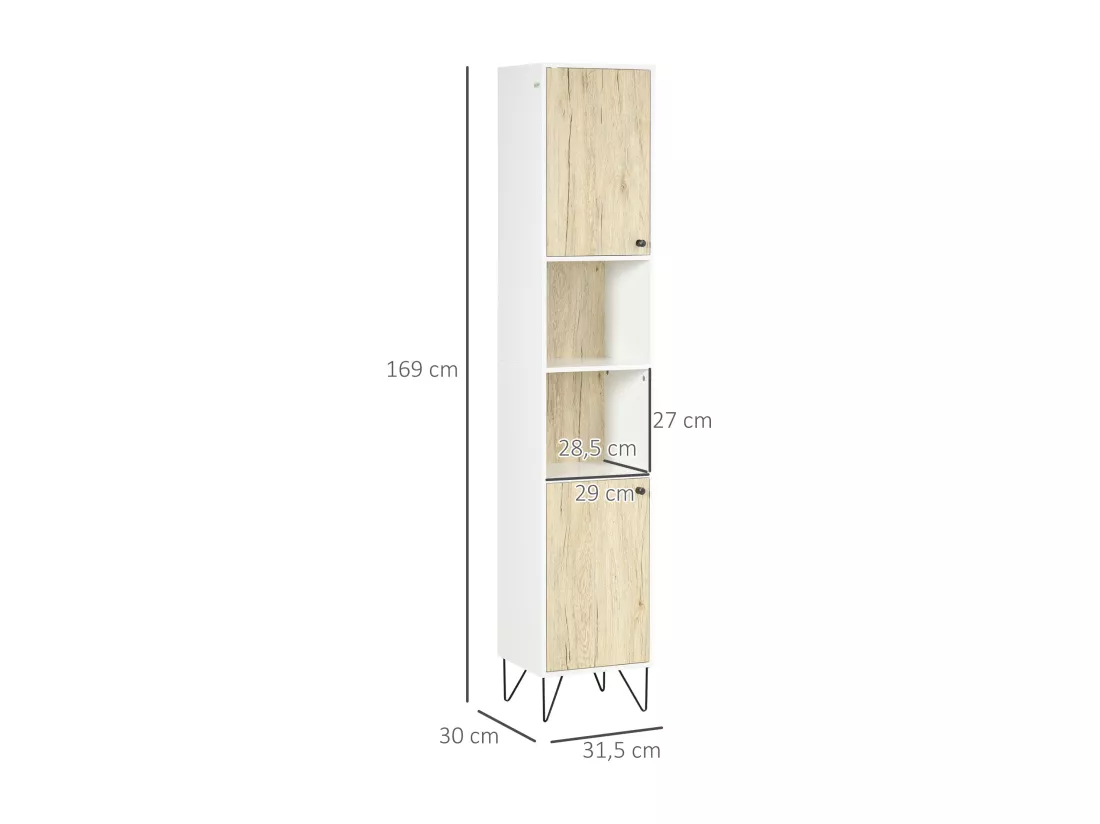 Meuble colonne rangement salle de bain style cosy 2 niches 2 portes avec étagère piètement épingle acier noir blanc aspect chêne clair