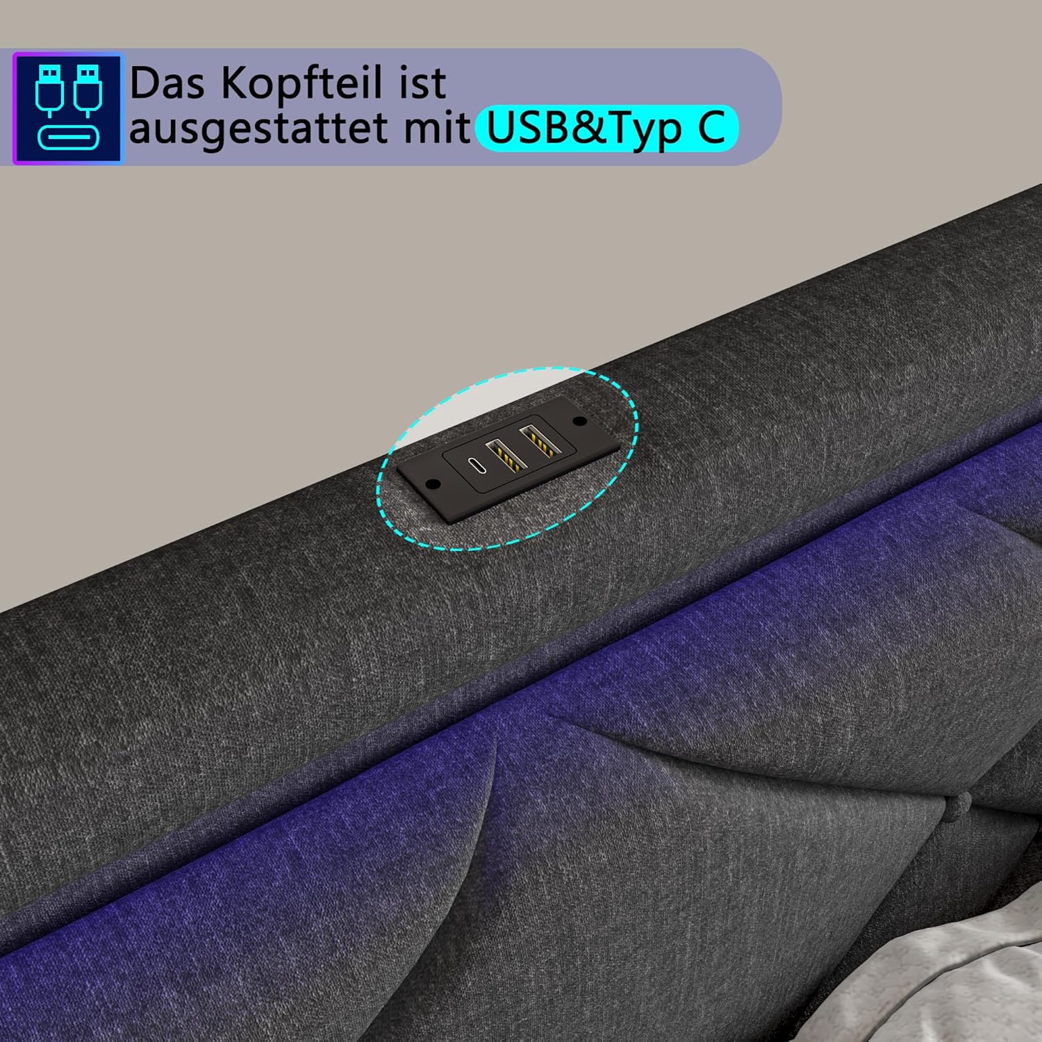 Doppelbett 160x200 cm, Polsterbett mit USB Ladefunktion und LED-Kopfteil, Bett mit 4 Schubladen, Verstellbar Kopfteil, Stauraumbetten, Funktionsbett, Leinenstoff, Ohne Matratze, Dunkelgrau
