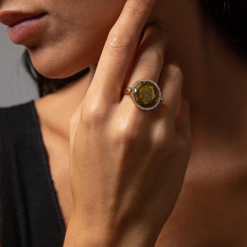 Bague Disque Argent Doré Pierre Brun