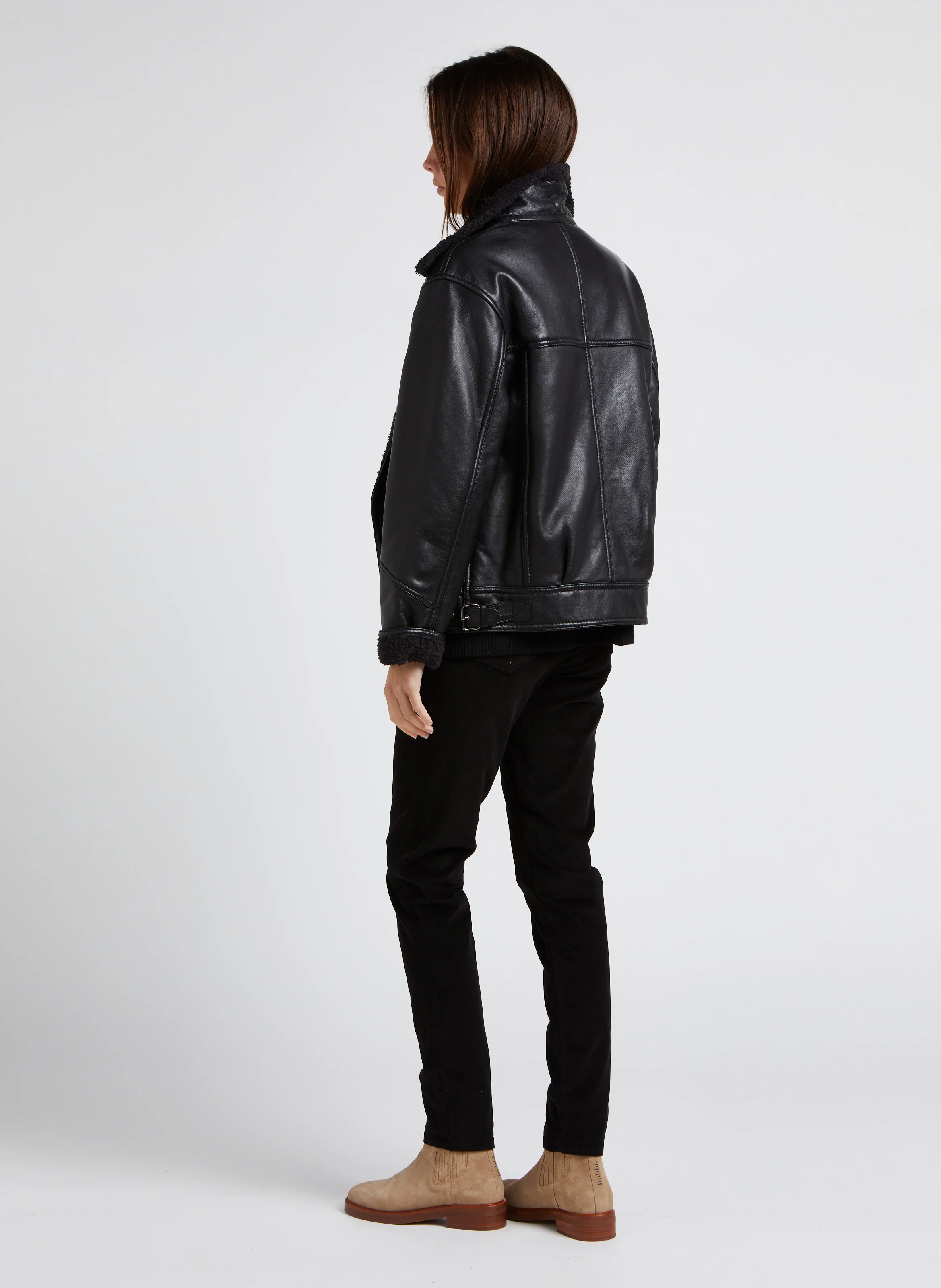 FOLIO - Manteau droit col classique en cuir | Noir