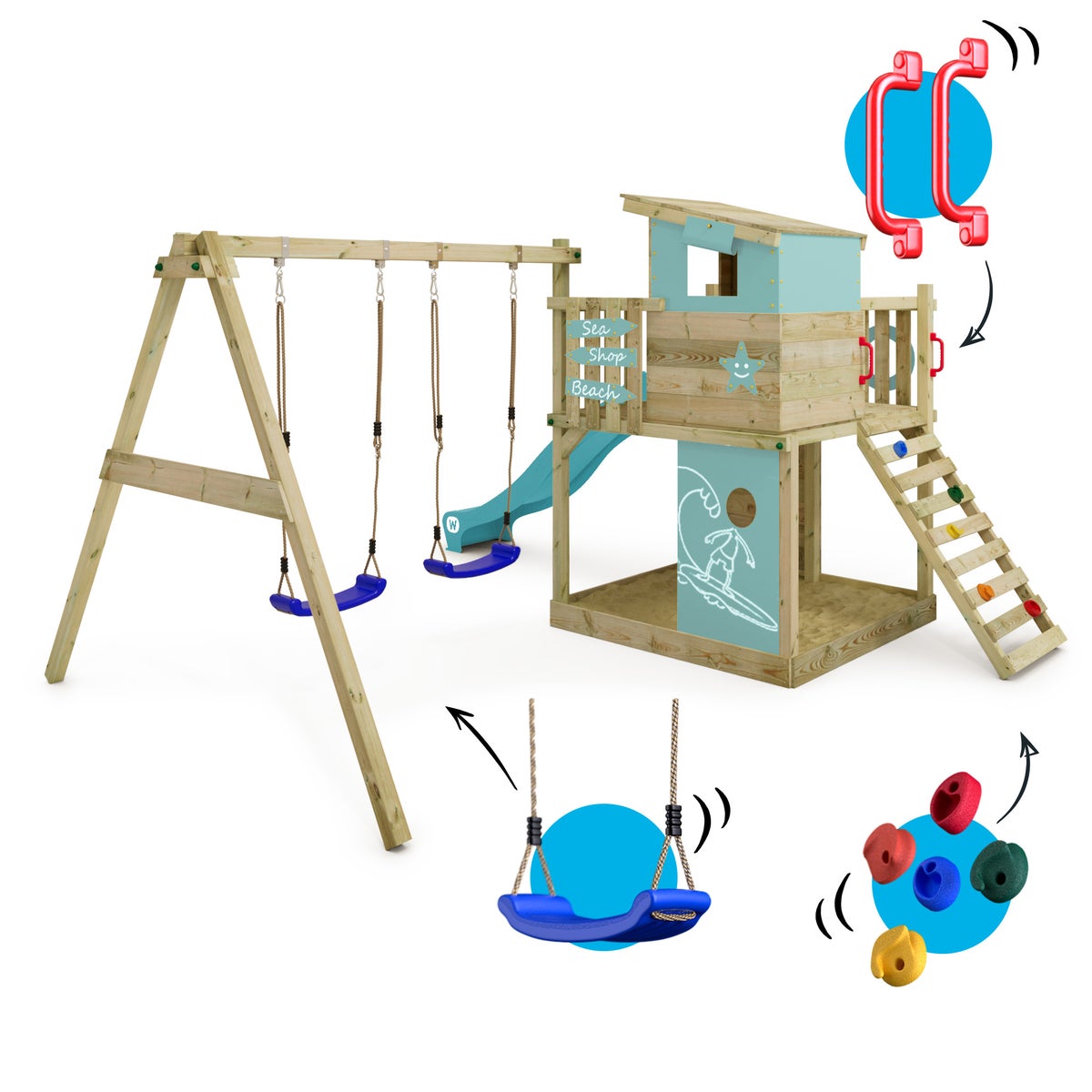 WICKEY Smart Camp speeltoren klimtoestel met schommel en glijbaan, boomhut met zandbak, klimladder en speelaccessoires – pastelblauw