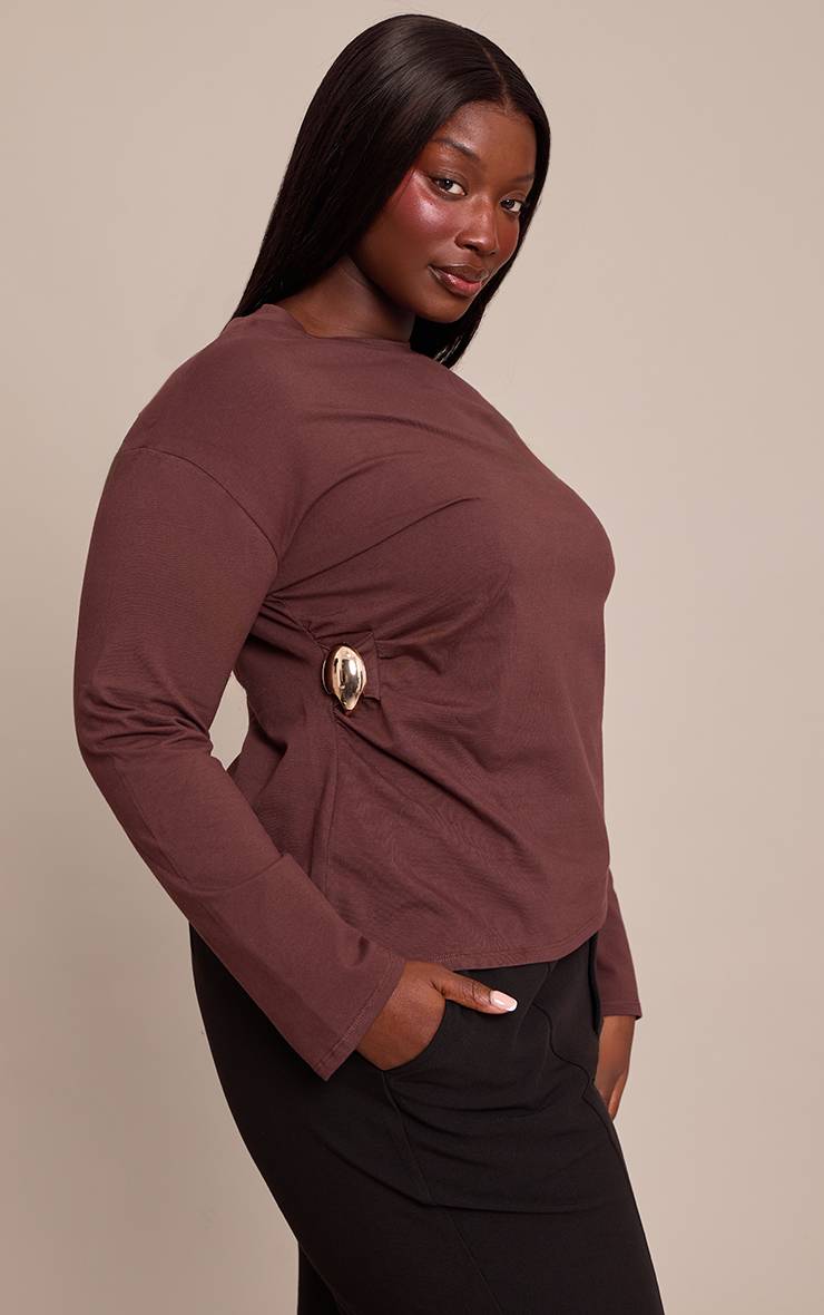 Chocolat T-shirt Grande Taille En Coton À Manches Longues Avec Détail De Bande Latérale