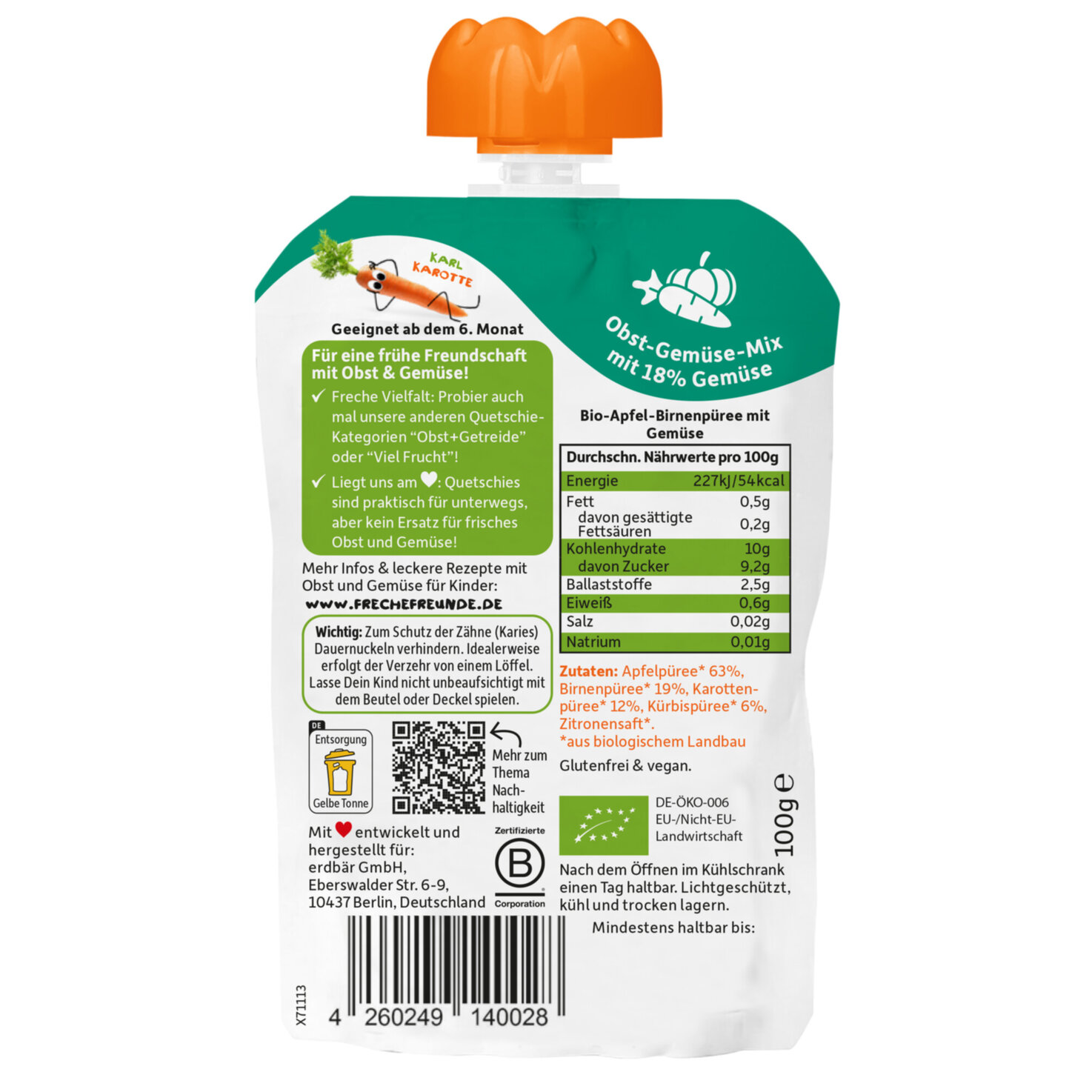 Freche Freunde Bio Quetschbeutel Apfel, Birne, Karotte und Kürbis 6+ Monate