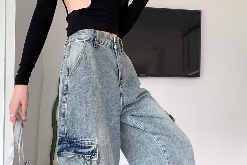 Kenning - Mid Rise Washed Wide Leg Cargo Jeans