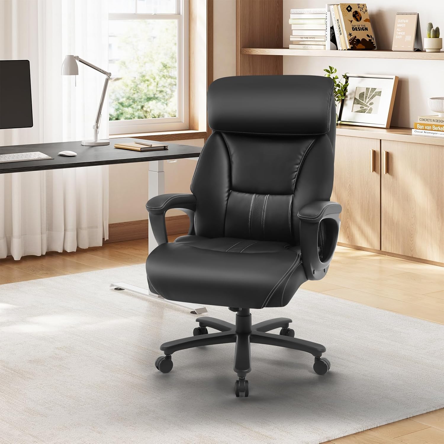 WOLTU Bürostuhl Chefsessel 150 kg, Ergonomischer Großer Computer Schreibtischstuhl, Bürosessel mit Kopfstütze for Büro, Gaming-Raum oder Konferenzraum, Kunstleder, Schwarz