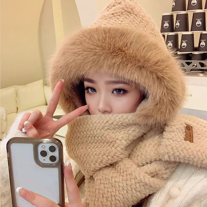 3in1 Damen Plüsch Winter Schal mit Handschuh Taschen / Kunstfell Kapuzen Mütze (One Size) - Beige