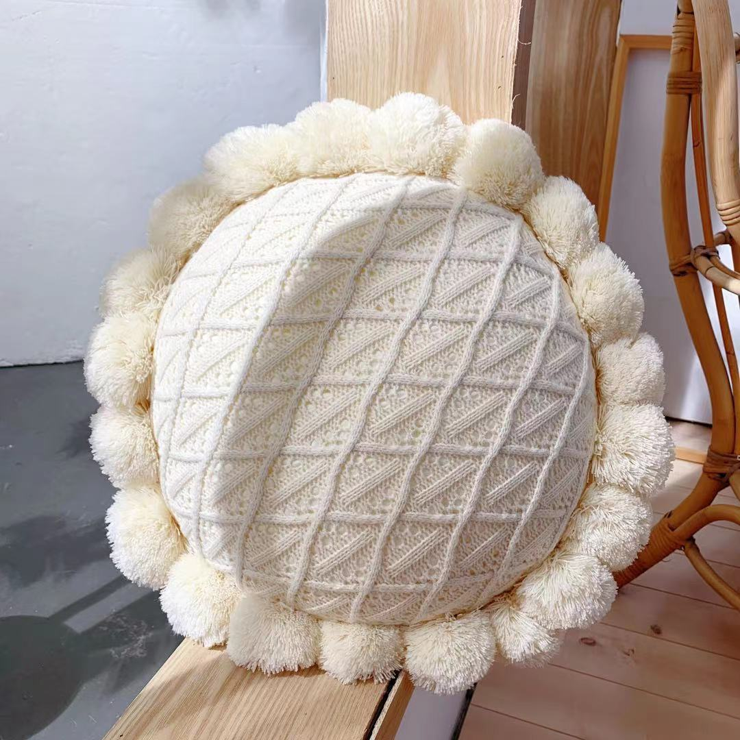 (Ø50cm) Boden Strick Kissen Weiche Boho Home Deko Sitzpolster mit Pompon's - Weiss