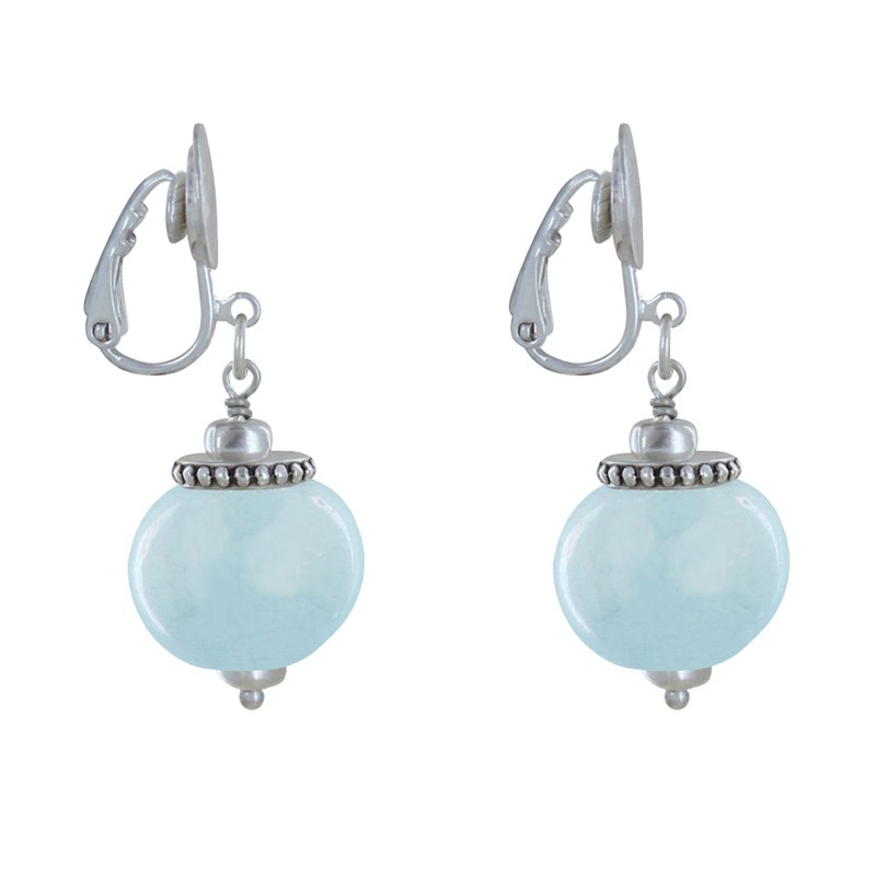 Boucles d'Oreilles Clip Métal Argenté et Grosses Perles en Céramique