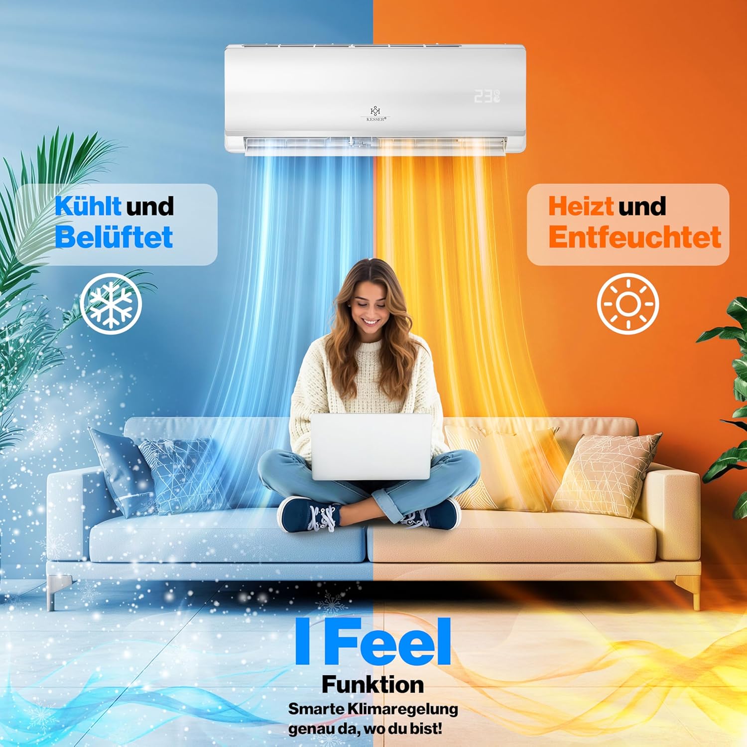 KESSER® Split Klimaanlage Set Quick Connect 9000 BTU 2,6 kW – WiFi & App Klimagerät mit Heizfunktion & Kühlmodus Wandklimaanlage, mit Kupferleitung Kältemittel R32 Inkl. Montagematerial