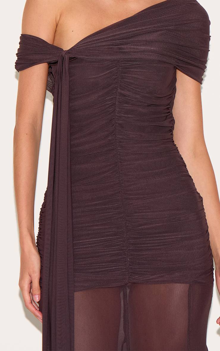 Marron Robe Longue Bardot En Mesh Doublée