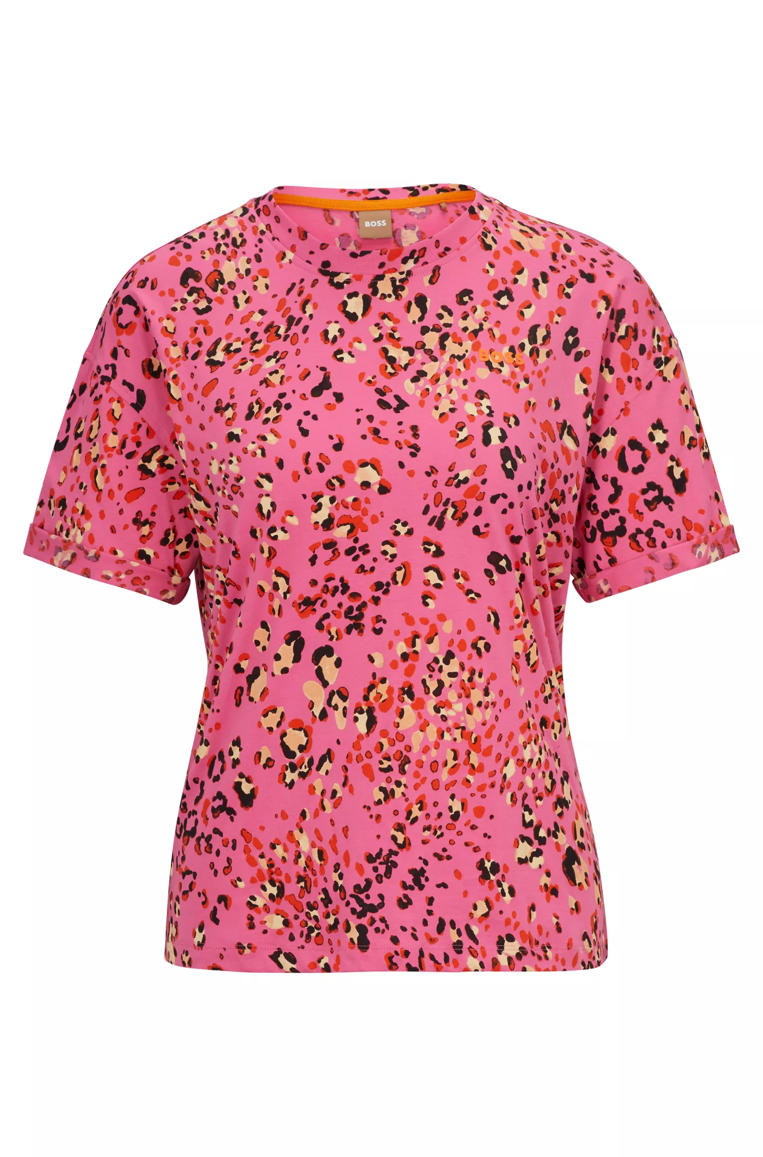 Camiseta BOSS preta de algodão orgânico com estampa sazonal.