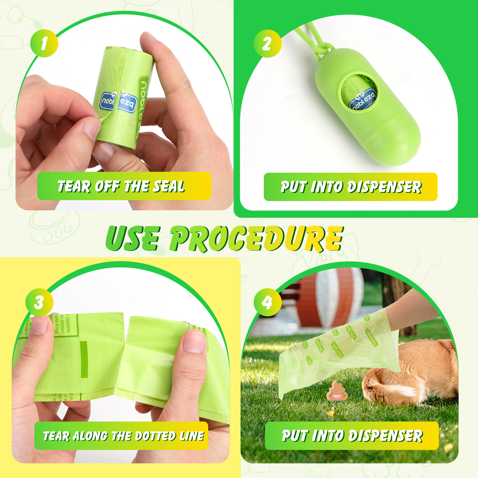 Sacos para Fezes de Cachorro Nobleza, 360 Unidades, Sacos Biodegradáveis para Fezes de Cachorro com 1 Dispensador, Sacos Extra Grossos para Excrementos de Cachorro, Resistentes e Impermeáveis, 24 Rolos/360 Unidades
