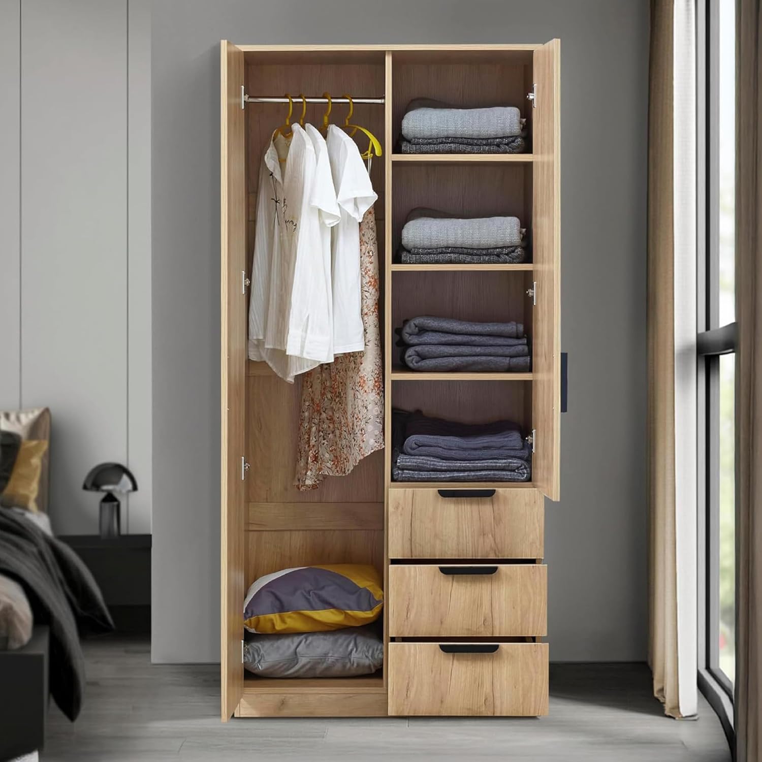 [en.casa] Kleiderschrank Eiselfing Schrank mit 2 Türen Garderobenschrank 176 x 80 x 52 cm Schlafzimmerschrank 1 Kleiderstange 4 Fächer 3 Schubladen Eicheoptik